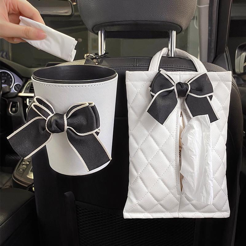 Creative Camellia Flower Leather Car Tissue Paper Towel Bag Auto Back Seat Headrest Hanging Trash Bin Can Women Car Accessories