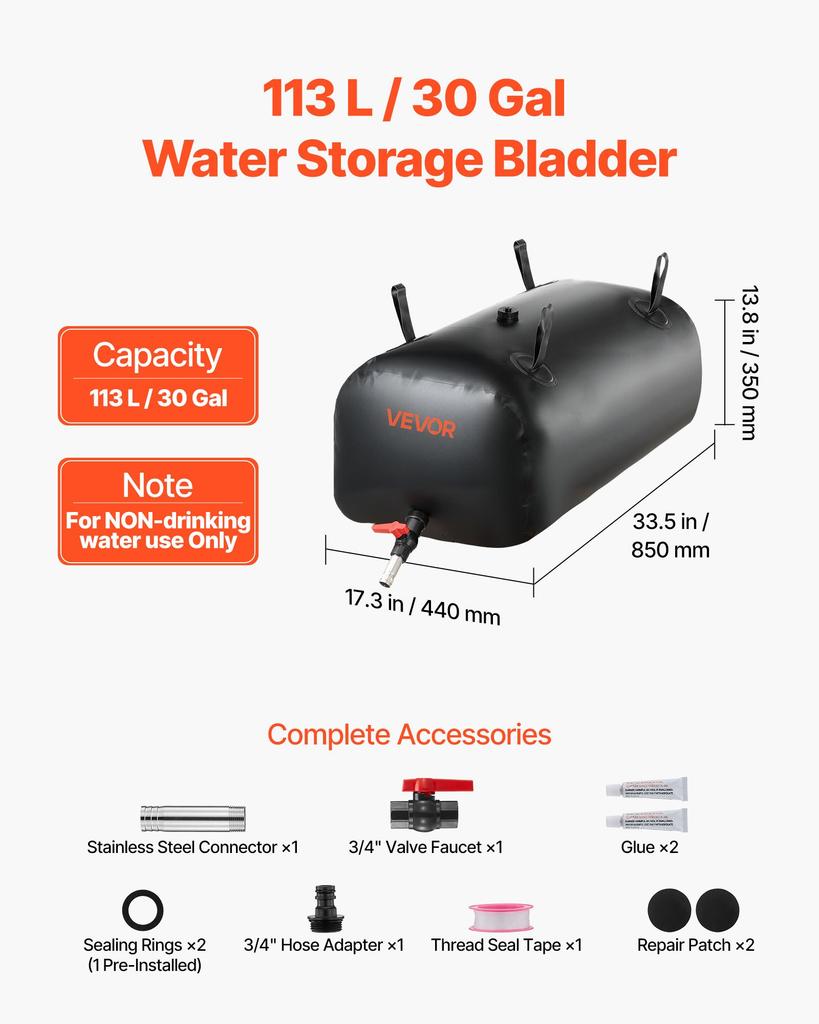 VEVOR Water Storage Bladder, 113L Portable & Collapsible Water Storage Bag, Wear-Resistant 1000D PVC Soft Waters Bag