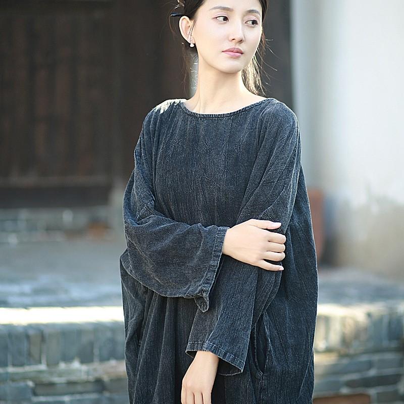 Johnature Woman Autumn Vintage Chinese Style Loose Dress Solid Color O-Neck Retro Casual Dress