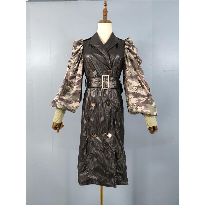 

European Station High-Quality Texture Black Pu Elegant Atmosphere Camouflage Puff Sleeves Sleeve Gold Button Dress with Belt Black L