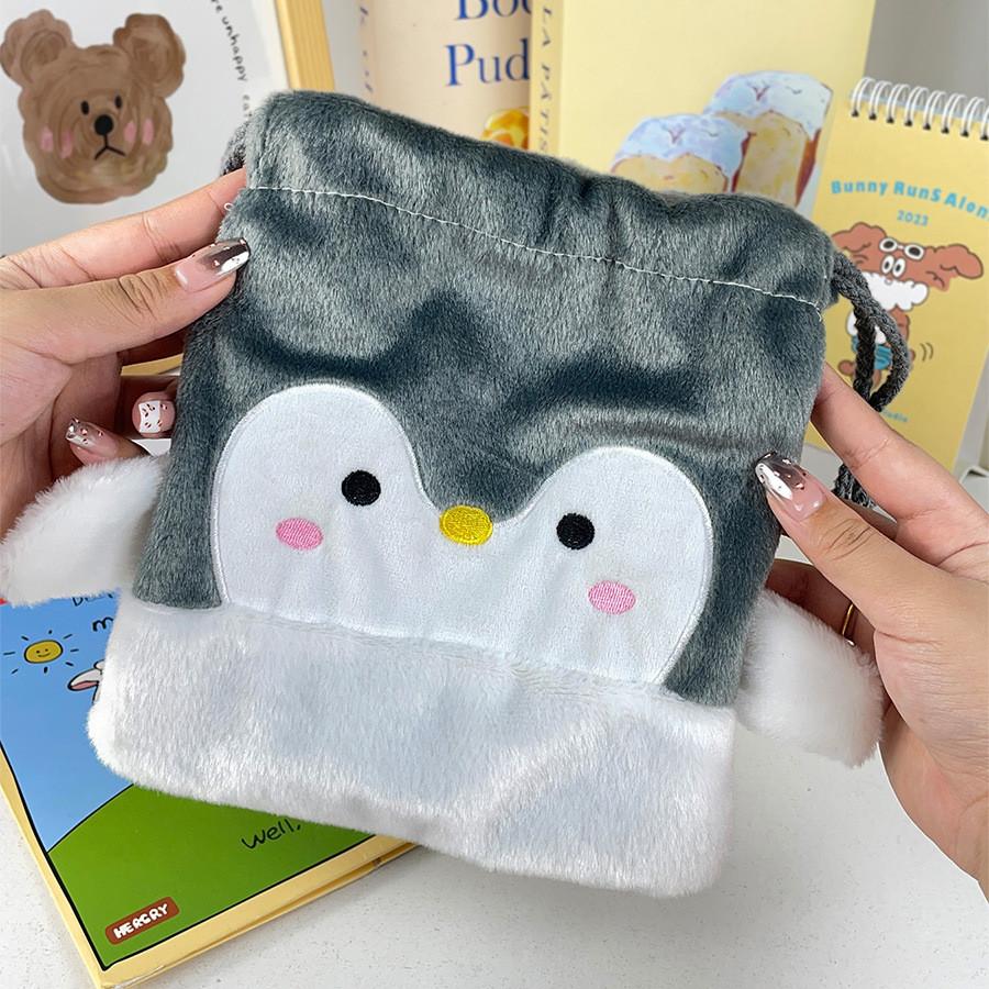 Cute Penguin Character Drawstring Pouch Soft Plush Storage Bag For Makeup And Miscellaneous Items