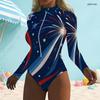 Women Plus Size High Neck Front Zip Long Sleeve One Piece Firework Printed Swimsuit Dark Navy