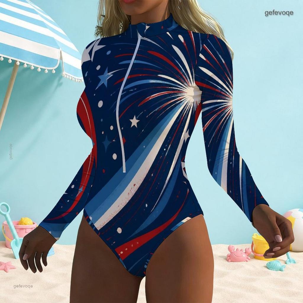 Women Plus Size High Neck Front Zip Long Sleeve One Piece Firework Printed Swimsuit Dark Navy