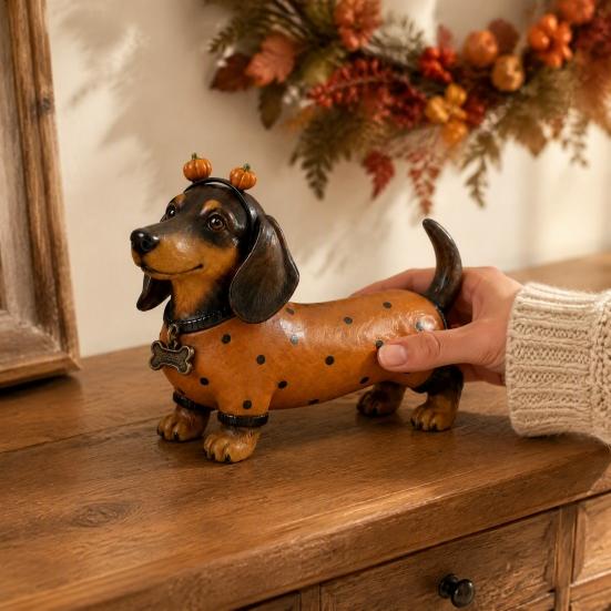 Cute Dog Figurines for Thanksgiving Fall Harvest Dachshund Figurine, Halloween Statue with Pumpkin Headband Polka Small Ornament Fireplace Dot Outfit,