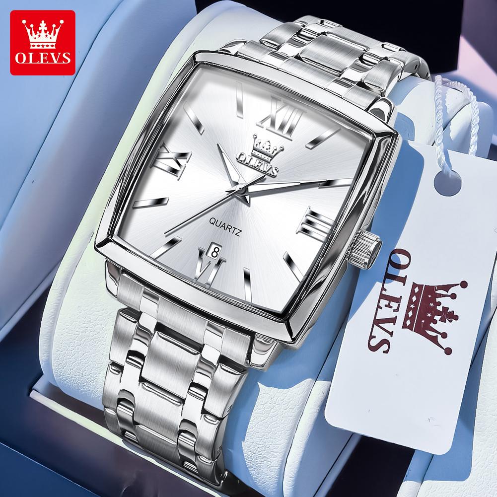 OLEVS Mens Watch Simple Original Brand Quartz Watch Waterproof Luminous Square Watch Automatic Date Watch For Man Gifts