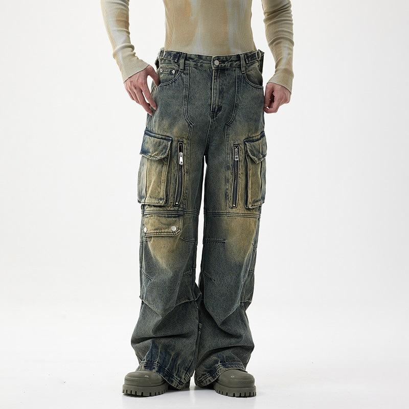 

Американский уличный ретро рабочий стиль многокарманные широкие джинсы для мужчин свободные прямые 36 синий
