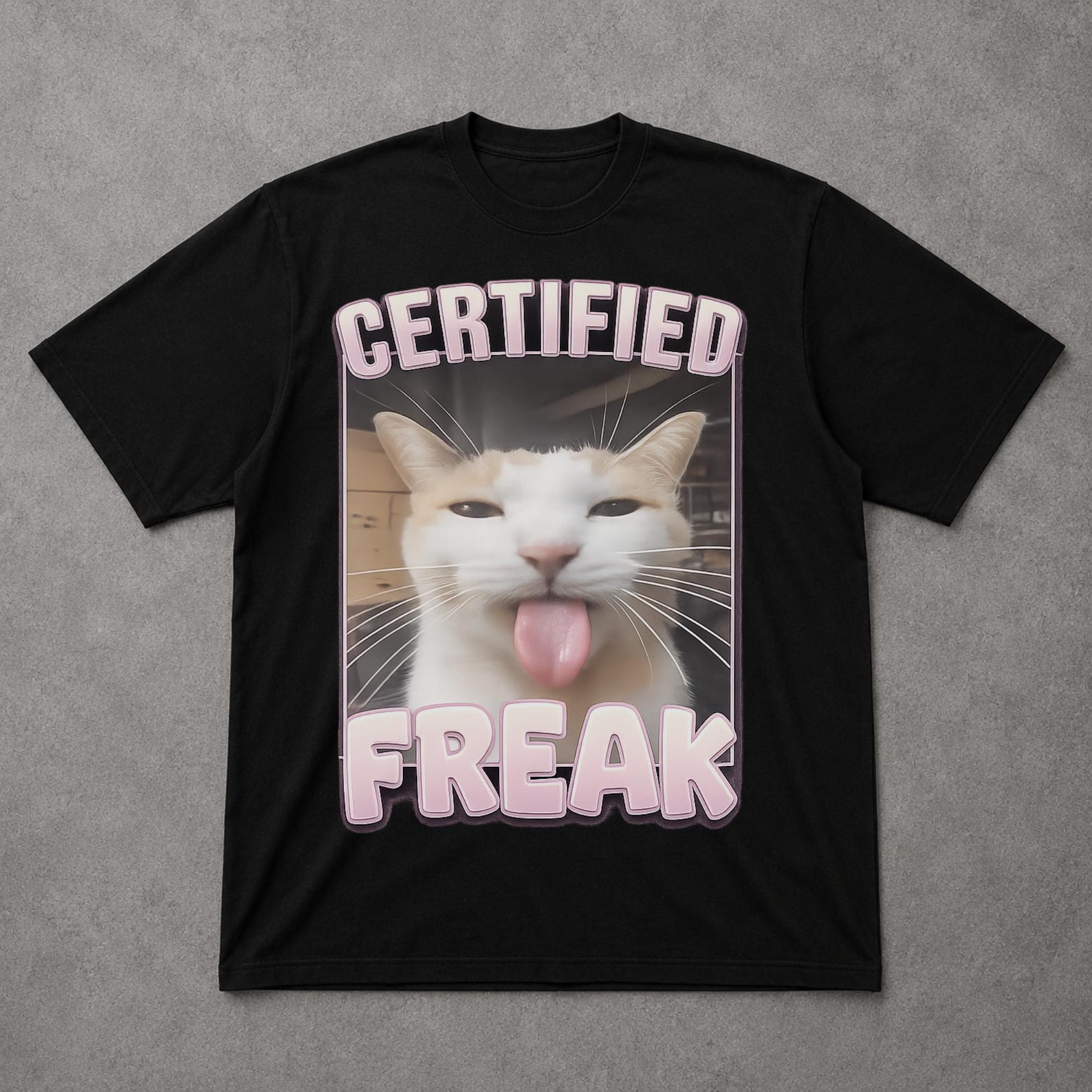 Certified Freak Cat Tee, Funny Meme Graphic Shirt, Chaotic Internet Cat Humor T Shirt M