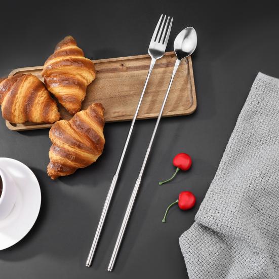 Telescopic Stainless Steel Fork And Spoon Long Handle BBQ Cutlery Portable Utensils for Outdoor Camping BBQ Picnics Parties