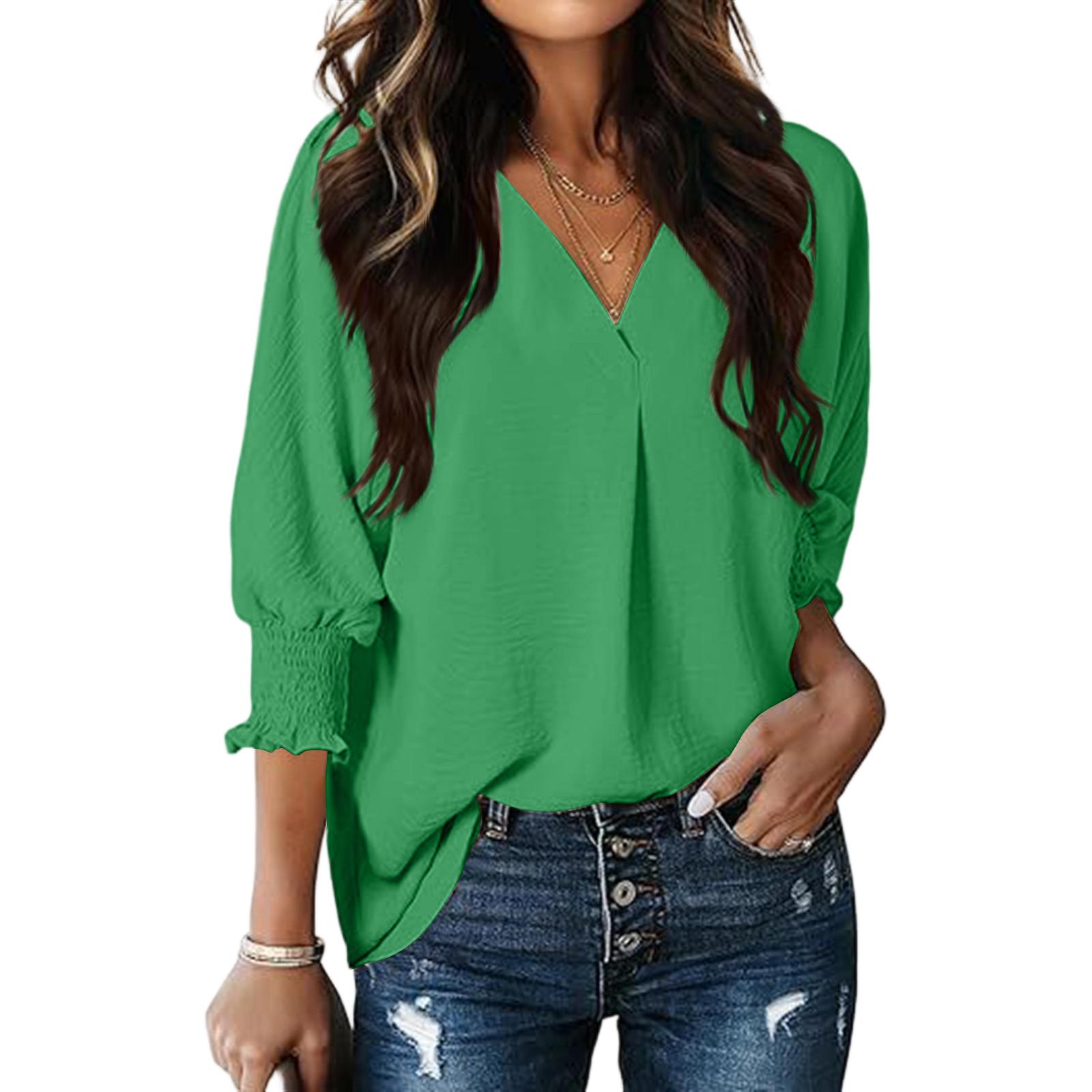 

Women s Fashion V-Neck Casual Solid Color Three-Quarter Sleeve Top XL темно-зелений колір