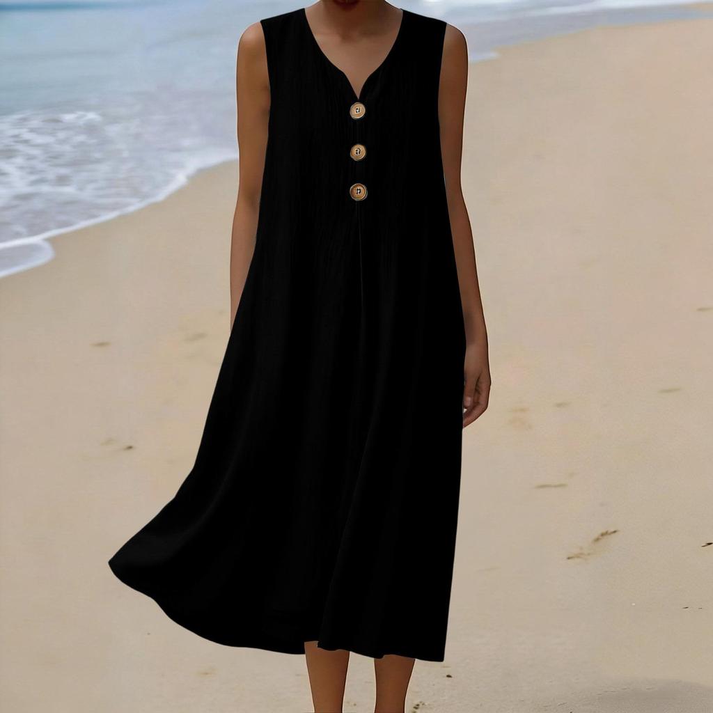 Damen Sommer Mode V-Ausschnitt Knopf Ärmellos Lässig Locker Urlaubs Küsten Kleid