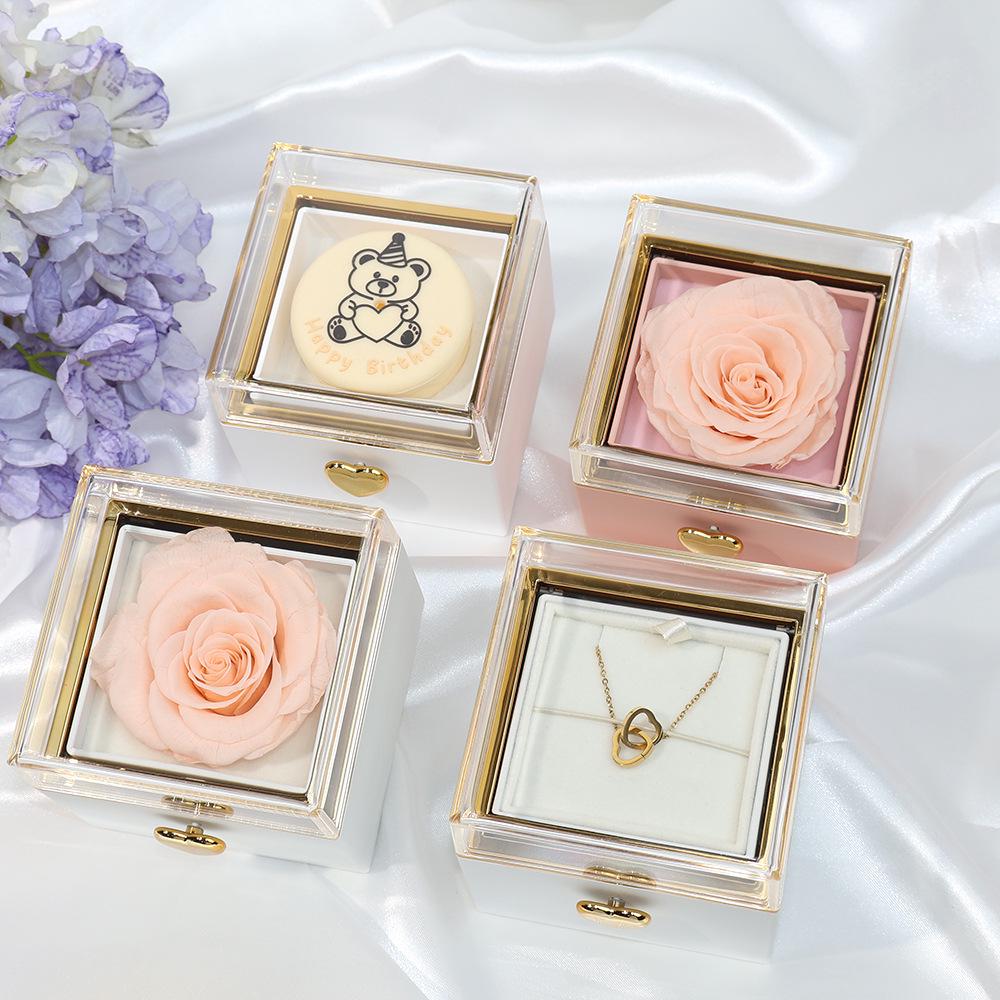 Luxury Rotating Acrylic Jewelry Box with Preserved Rose, Teddy Bear, and Birthday Cake Design