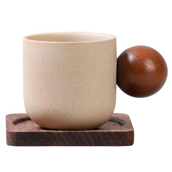 Sada vintage keramických hrnků s dřevěnou rukojetí a podšálkem, objem 150 ml, hrnek na kávu s udržením tepla pro domácnost a kancelář, elegantní dárek pro milovníky kávy