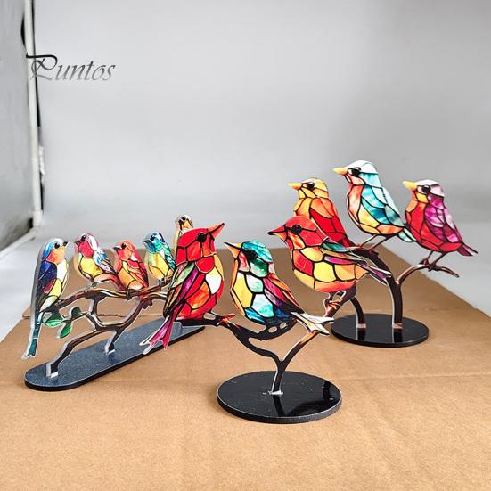 Fine Craftsmanship Bird Statues for Office Acrylic Birds on Branch Desktop Ornament, Colorful Stained Glass Style Nature Themed Gifts Lovers Figurine,