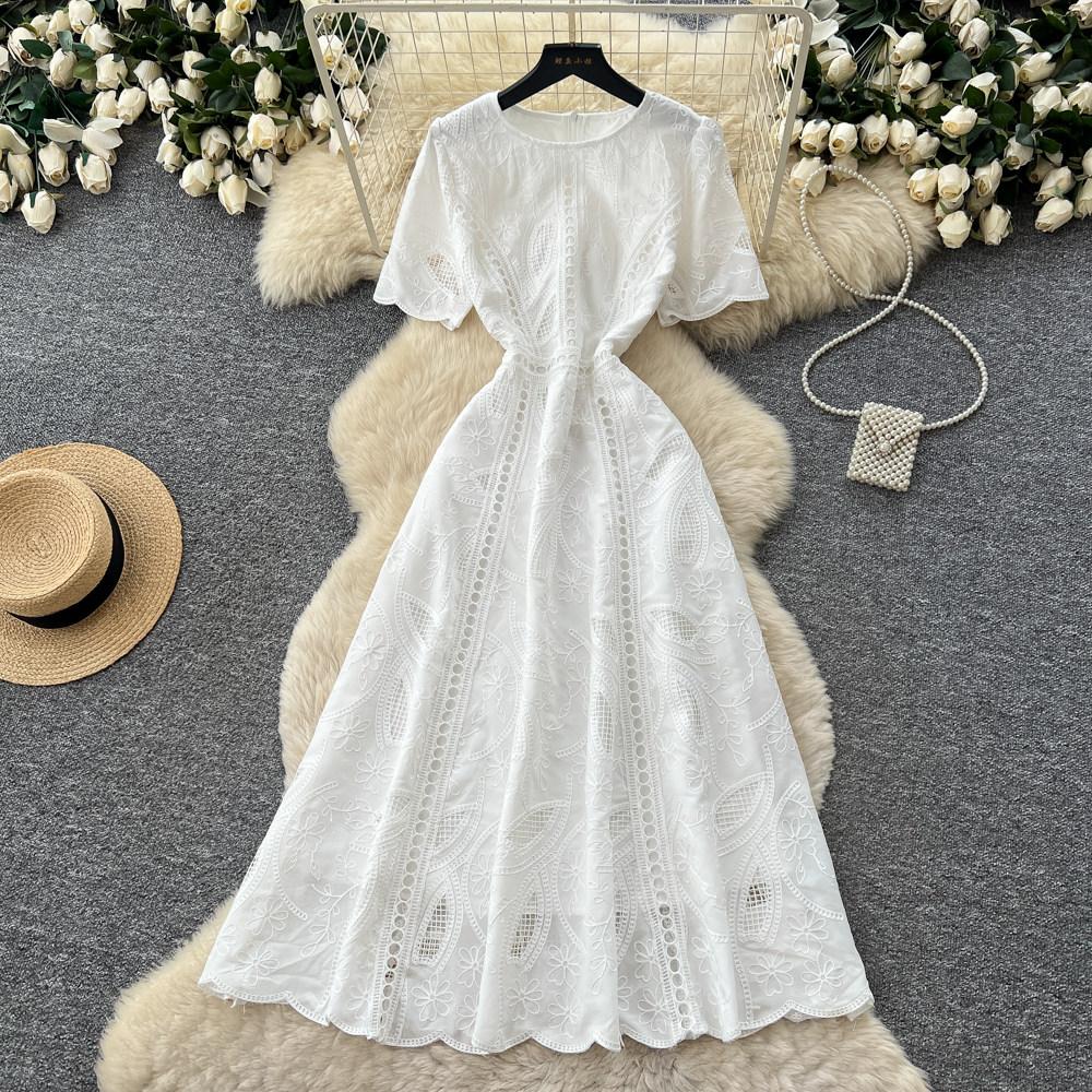 Elegant Summer Midi Dress for Women O-Neck High Waist Solid Spliced Lace with Embroidered Flowers Long Dress New Fashion