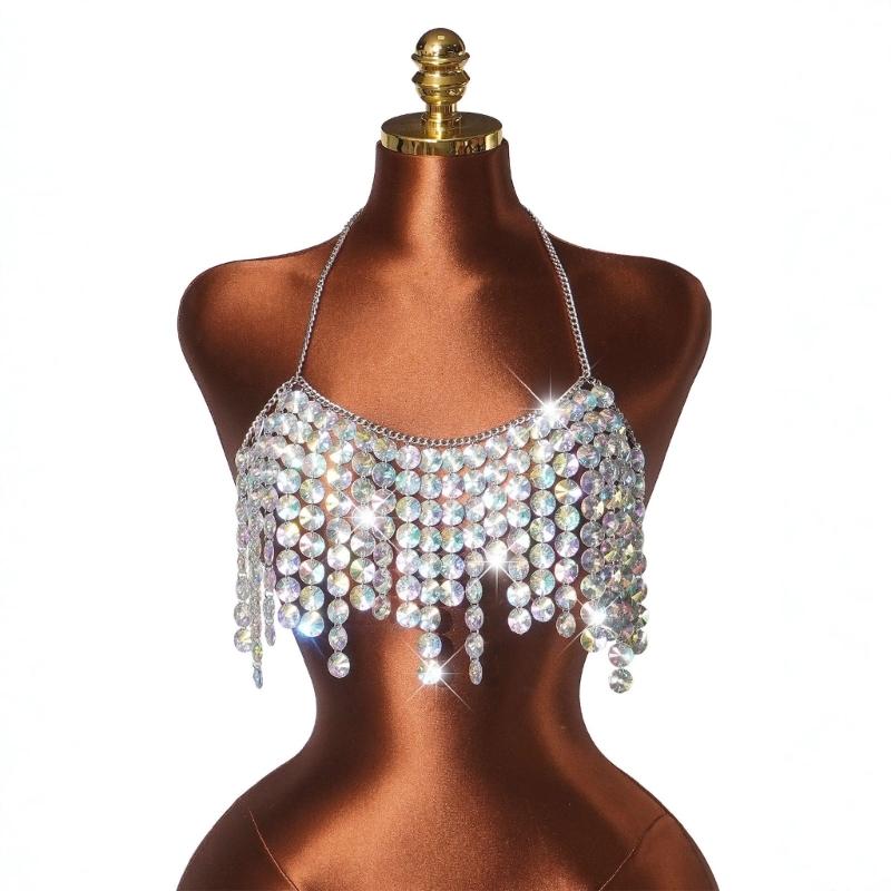 Halter Body Chain Top with Cascading Faceted Disc Fringe, Open Back Body Jewelry Accessory for Party and Festival Outfits