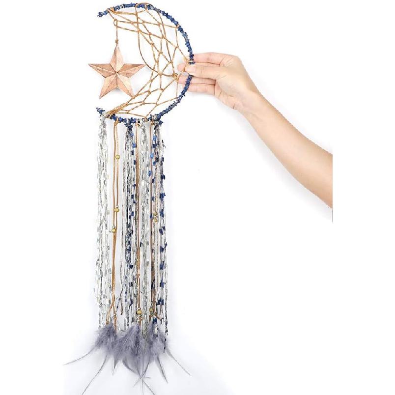 Dremisland Blue Dream Catcher Handmade Half Circle Moon Design Dream Catcher Feather Hanging with Star Home Decoration Ornament Festival Gift (Moon&