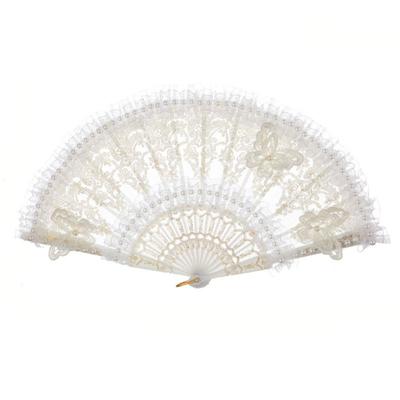 Elegant White Lolita Lace Hand Fan Retro Court Style Plastic Handle Lace Folding Fan Handheld with Pearl Bride Hand Fan Party