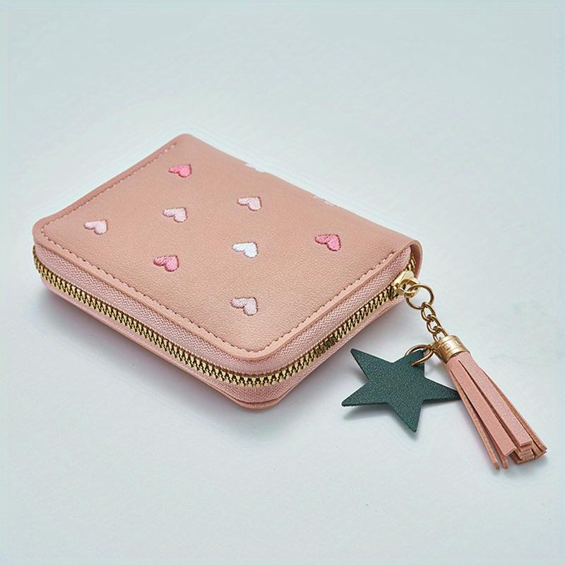 Skórzana torba na karty Mini portfel damski klips na pieniądze haftowana miłość wielofunkcyjny portfel damski krótki certyfikat torby do przechowywania