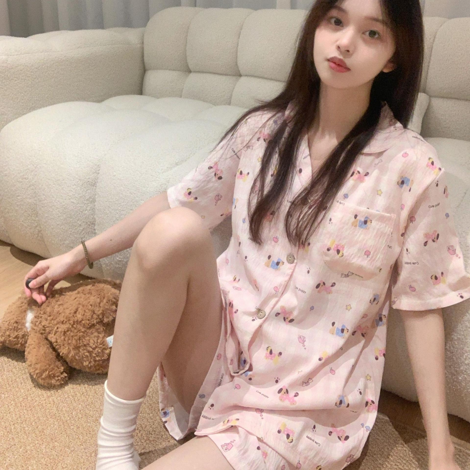 

Cute dachshund pajamas women s summer new plaid short-sleeved Japanese cartoon student homewear suit can be worn outside S [recommended weight 80-95]