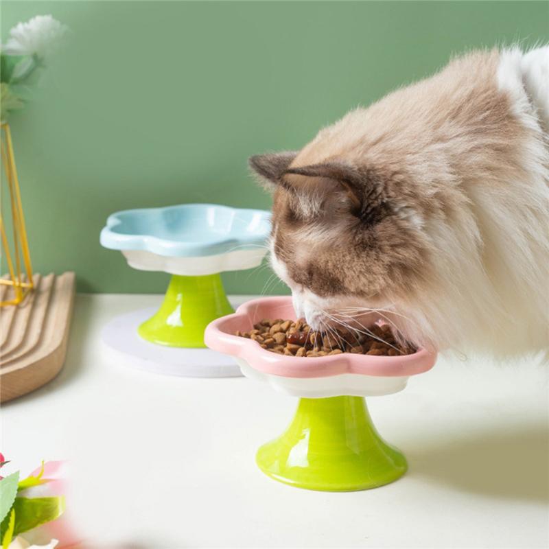 Flower Designed Cat Bowl, Raised, For Neck Protection, Includes Snack Dish, Water Plate, Food Bowl With Stand Pink