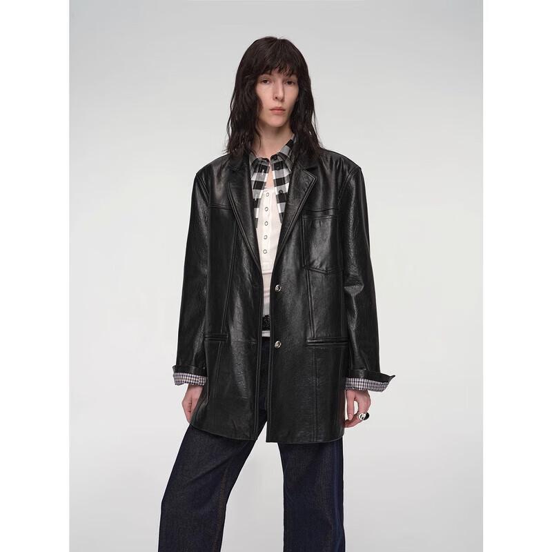 Fuzhien Premium Vintage Leather Blazer Jacket for Women