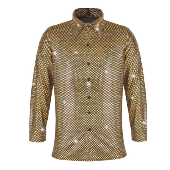 Pánska výkonnostná košeľa Lesklý povrch Golier jednoradový Dlhé rukávy Gombíky Satin Club Party Disco Show Shirt