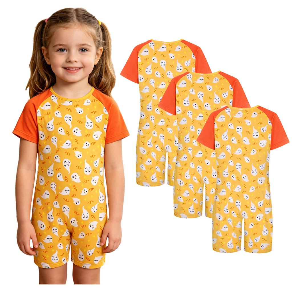 3 Peças Macacão Adaptativo Anti-Rasgo Infantil Gola Redonda Manga Curta Estampado com Zíper Invisível nas Costas para Meninos Meninas com Necessidades Especiais