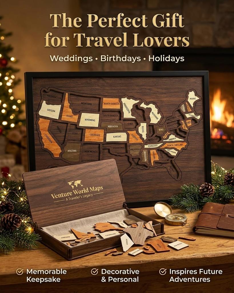 New Wooden USA Maps Puzzle Reusable Landmarks Cork Travel Map Multi-Purpose Portable Wooden Puzzle for Home Decor Remarks