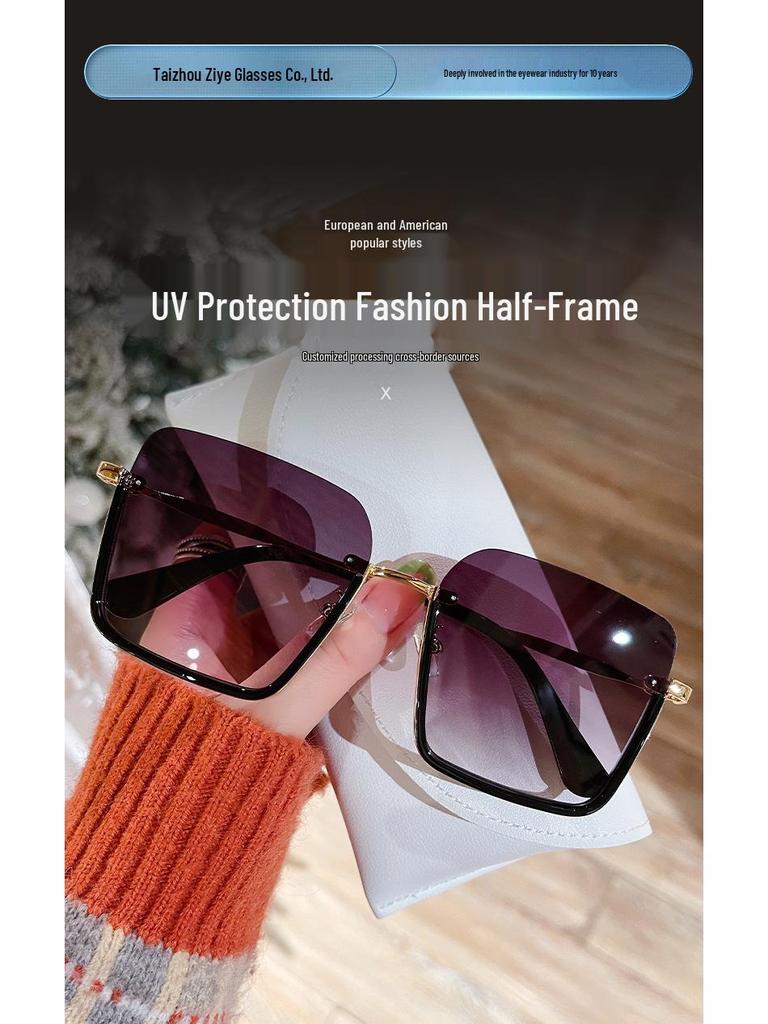 Retro Half-Frame Tea-Colored Sunglasses, Unisex 2025 Korean Style, High-End Net Red Fashion.