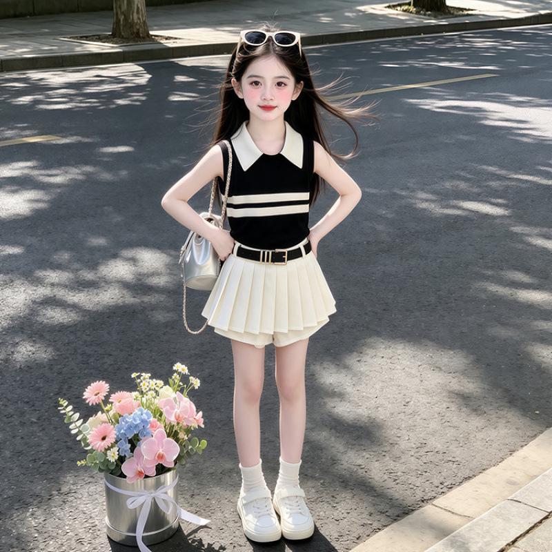 2026 New Girls' Summer Outfit: Stylish Korean Pleated Skirt & Striped Vest Set