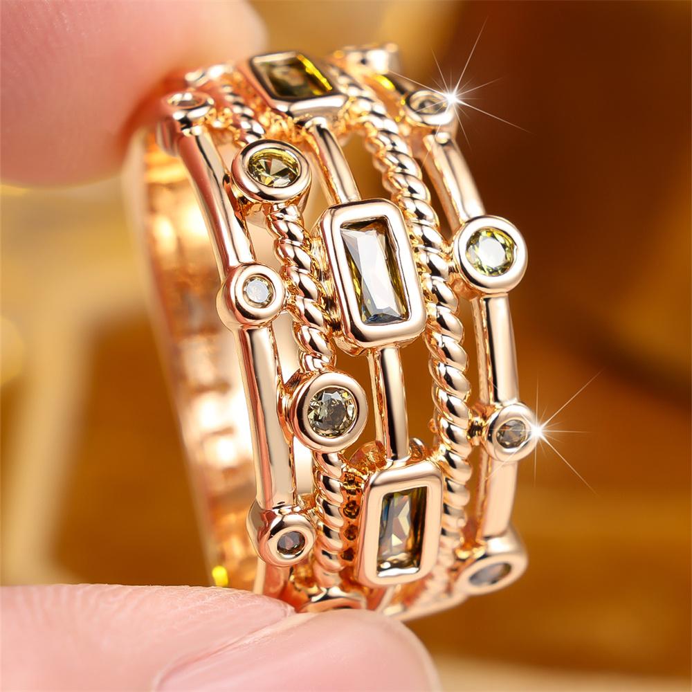 Multilayer Olive Green Crystal Geometric Zircon Rings For Women Vintage Gold Color Engagement Bands Wedding Jewelry Accessories