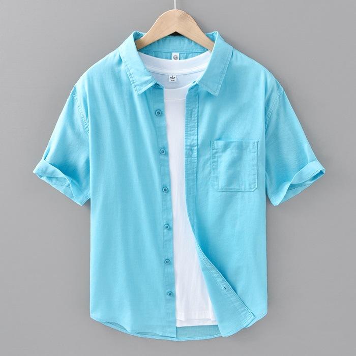 

Летняя тонкая мужская рубашка с коротким рукавом, повседневная рубашка из хлопка и льна 3XL озеро синий