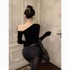 Black Off Shoulder T Shirt With Embroidered Design For Sexy Girl Style