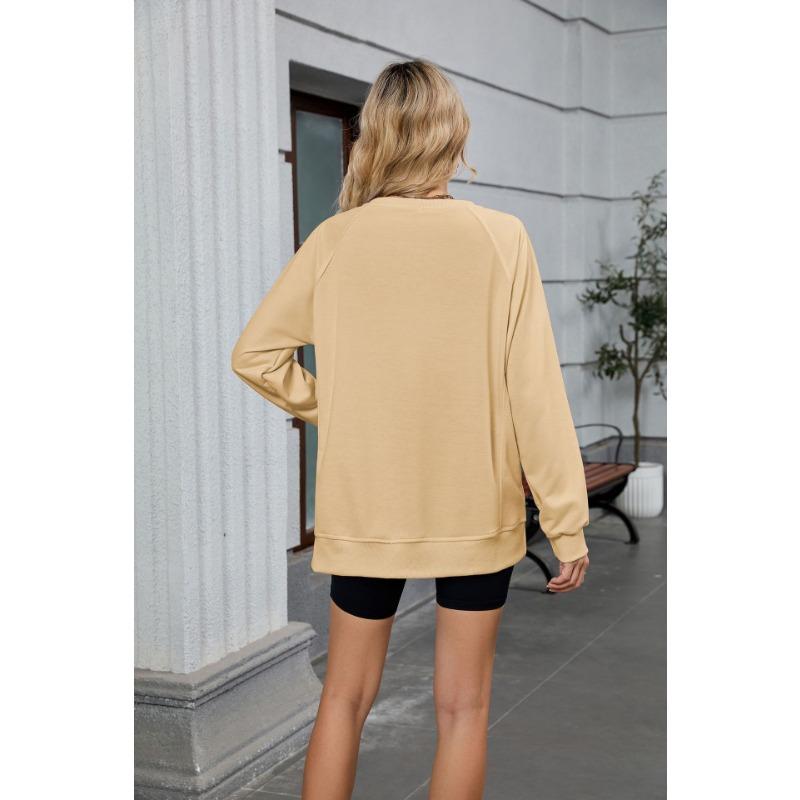 Damen Herbst und Winter Neu Einfarbig Gerippt Rundhals Langarm Lockeres Sweatshirt Top