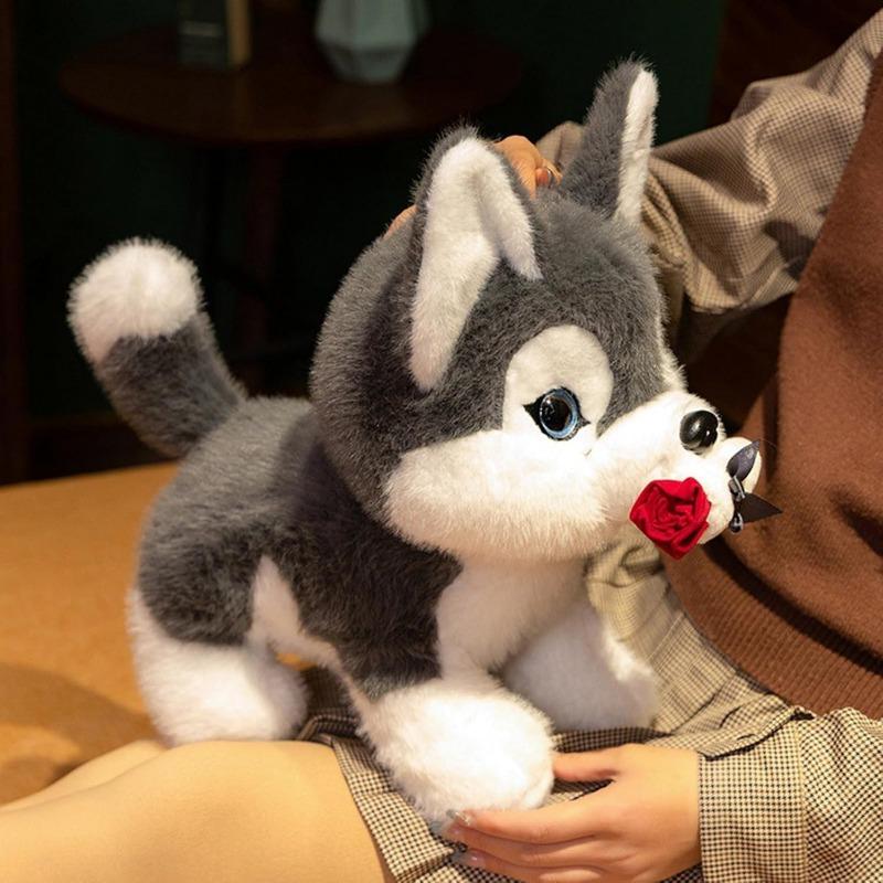 Husky Dog Plush Toy,Husky Puppy Doll,Cotton Husky Stuffed Animal Doll with Flower,Soft Cuddly Plush Hugging Pillow for Kid Gift Valentine's Day Gift