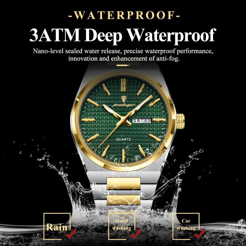POEDAGAR Luxe Herenhorloge Datum Week Waterdicht Lichtgevend Roestvrij Staal Horloge voor Man Casual Kwarts Horloges Mannelijk Sport+Doos