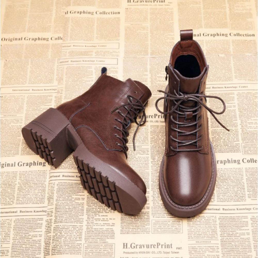 Leather Platform Boots Women'S  New British Style High-Heeled Short Boots Autumn And Winter Velvet Womens Shoes Ankle Bootie