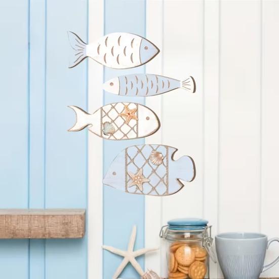 4 Pcs Wooden Fish Wall Decor Nautical Coastal Wood Fish Wall Art Rustic Hanging Beach Wall Sculpture for Lake House Home Bathroom Decor