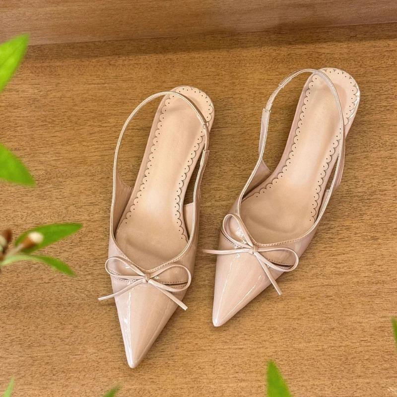 Shallow Mouth Back Empty Fashion Spring and Summer Pointed Head Bow Temperament Bag Head Medium Heel High Heels Women's Sandals