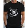 European Size Anchor And Compass Graphic Print Men's Short Sleeve T-Shirt, Fashion T-Shirt, Casual Comfortable Versatile Summer Top