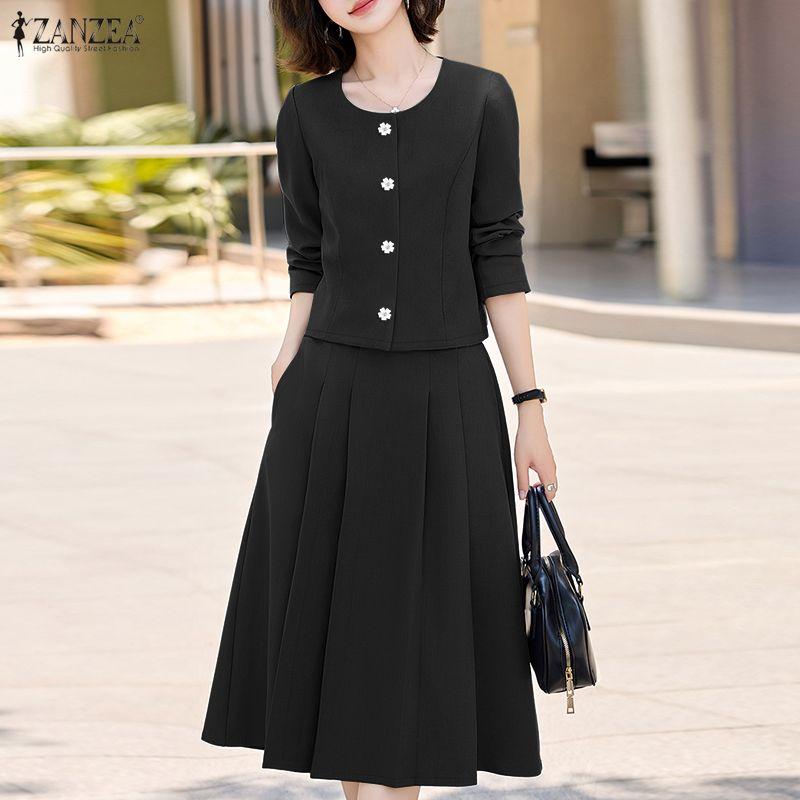 ZANZEA Damska Bluzka z Długim Rękawem i Spódnice Casualowe Zestawy Dwuczęściowe