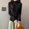 Half turtleneck, slim long-sleeved bottoming shirt, T-shirt for women, autumn and winter lace fungus edge, velvet and thickened layered inner top
