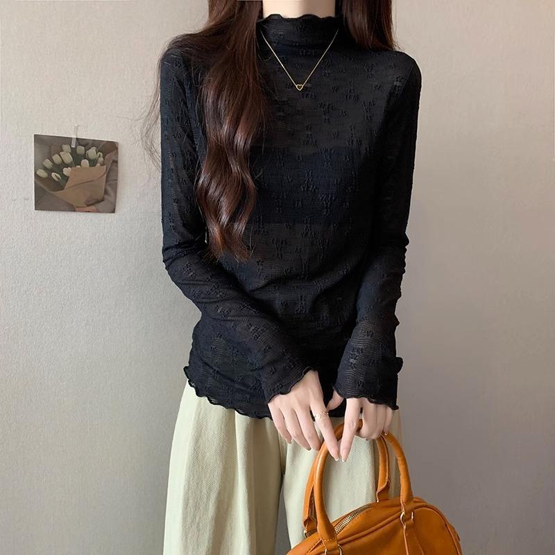 Half turtleneck, slim long-sleeved bottoming shirt, T-shirt for women, autumn and winter lace fungus edge, velvet and thickened layered inner top
