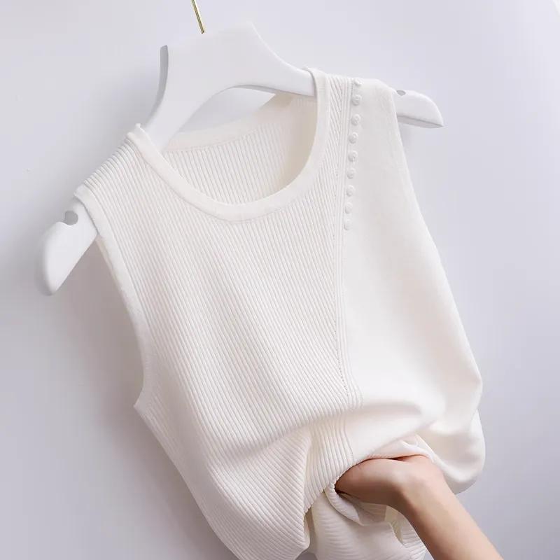 WTEMPO Women Spring Summer Knitted Camisole Vests Outerwear Loose Short Base Shirts Stylish Round Collar Sleeveless Tops