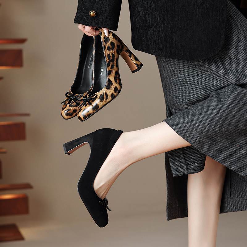 Krazing Pot Suede Microfiber Round Toe Size 41 Chunky High Heels Slip on Leopard Sexy Casual Autumn Pumps