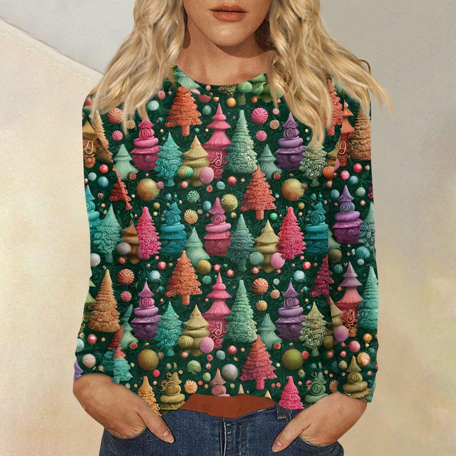 

Женская мода повседневный рождественский принт круглый вырез длинный рукав пуловер топ XXL