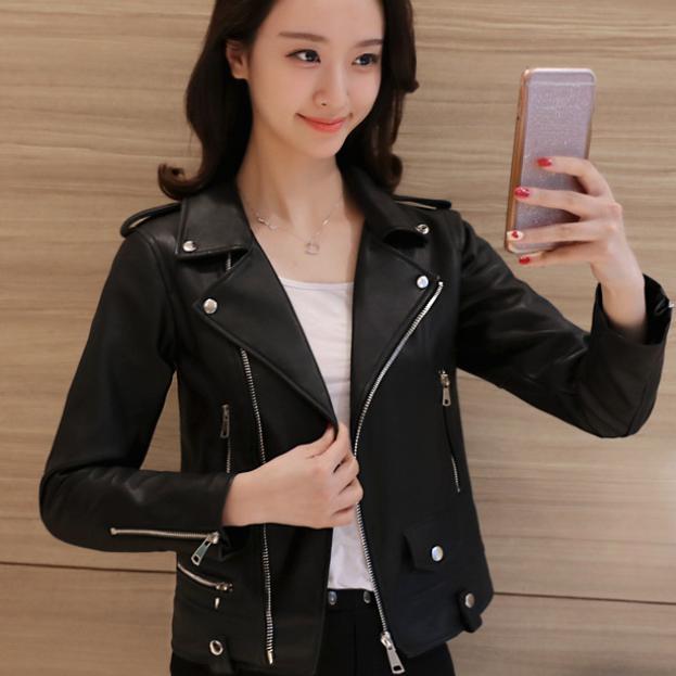 Spring and Autumn Korean Version of Women's PU Leather Jacket Women's Short Slim-fit Small Jacket Motorcycle Jacket Leather Jacket