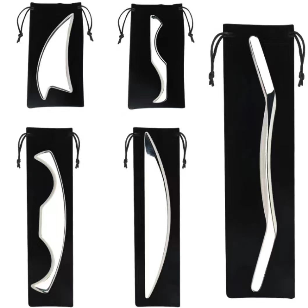 Stainless Steel Gua Sha Tools, 5 Pcs IASTM Tools Set, 304 Steel Myofascial Release Tools for Soft Tissue Mobilization, Muscle Scraping Massage Tools velvet bag