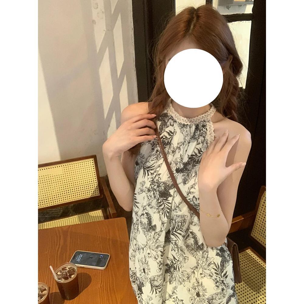 Niche print neck sleeveless dress women's versatile summer loose temperament suspender dress