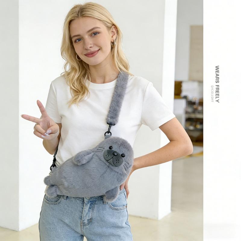 Fur Seal Plush Bag Cute Grey Seal Handbag Kawaii Sea Animal Crossbag Makeup Bag for Women White Seal Phone Bag Birthday Gifts